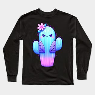 Angry Cactus Funny Western Kawaii Vaporwave Pastel Long Sleeve T-Shirt